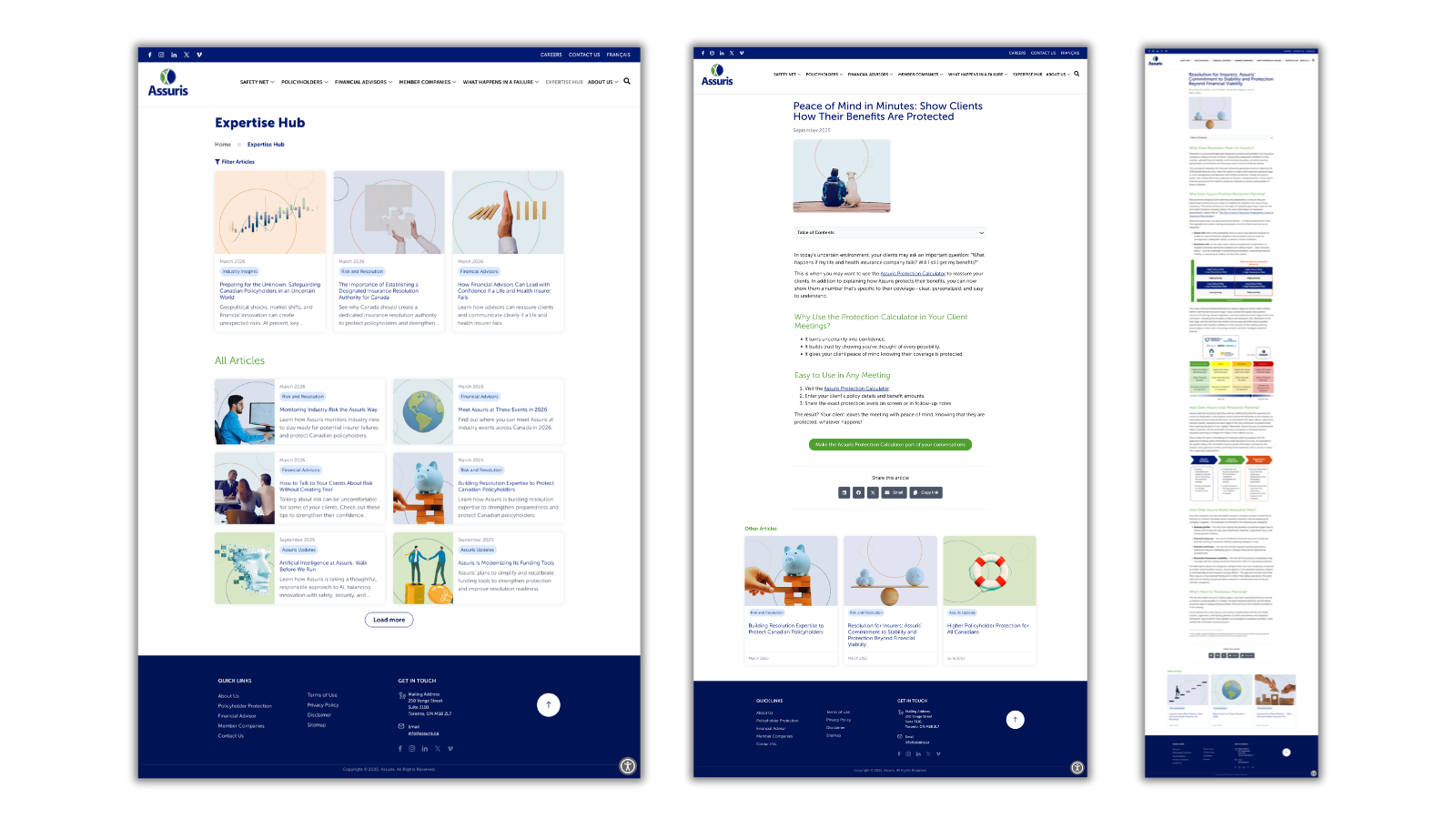 Screenshots of Assuris' Expertise Hub homepage and two blog articles.